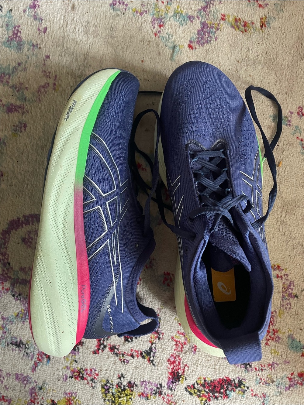 ASICS Navy & Pink Gel-Nimbus Pure Gel Athletic Shoes w/Lime Accents - Size 10.5